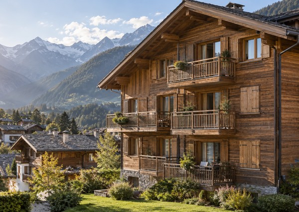 Appartementen in een Zwitsers chalet met uitzicht op de bergen.
