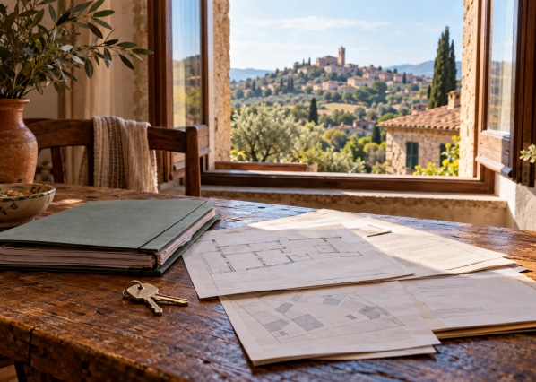 Italiaanse woning met kadastrale documenten en sleutels