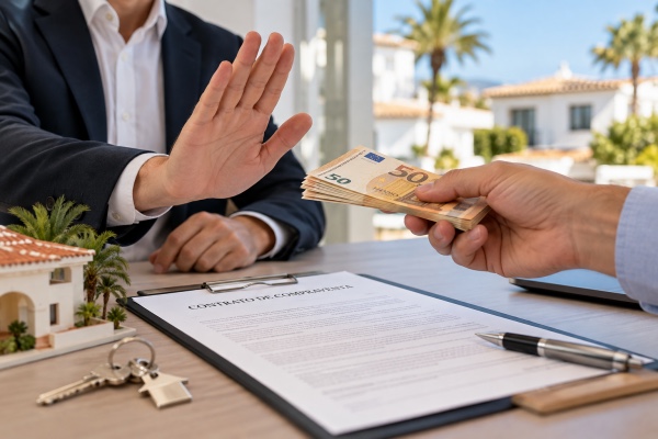 Koper weigert contante aanbetaling bij aankoop woning in Spanje zonder controle van koopcontract en betalingsbevoegdheid makelaar.