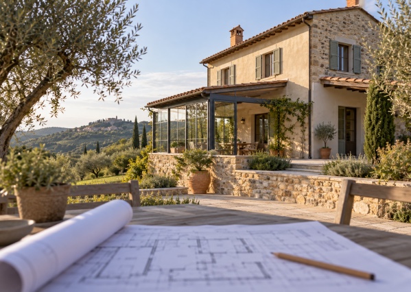 Gerenoveerde Italiaanse woning met glazen veranda en een bouwtekening op de voorgrond.
