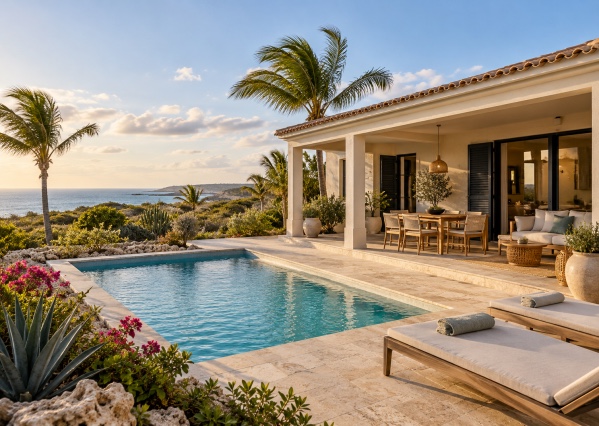 Illustratie van een vakantiewoning met zwembad en overdekt terras in een Cura&ccedil;aose kustomgeving.