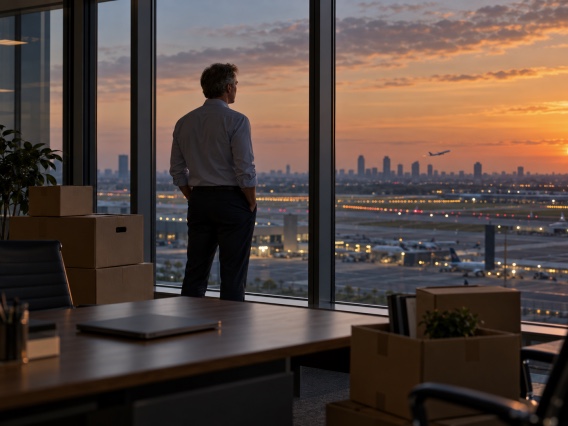 Ondernemer kijkt vanuit een leeglopend kantoor uit op een luchthaven, als verbeelding van vertrek naar het buitenland.
