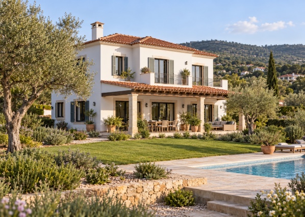 Ruime vrijstaande villa in Portugese stijl met overdekt terras, mediterrane tuin en zwembad.