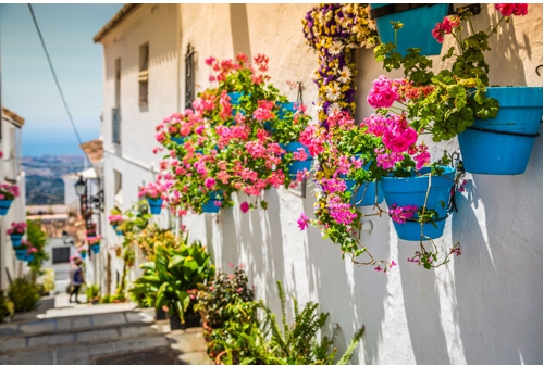 Pittoresk straatje in Mijas met bloempotten in gevels. Andalusische witte dorp. Costa del Sol. Zuid-Spanje